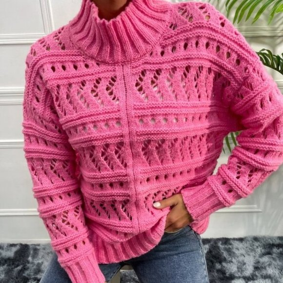 undefined Sweaters - Open Knit High Neck Drop Shoulder Sweater